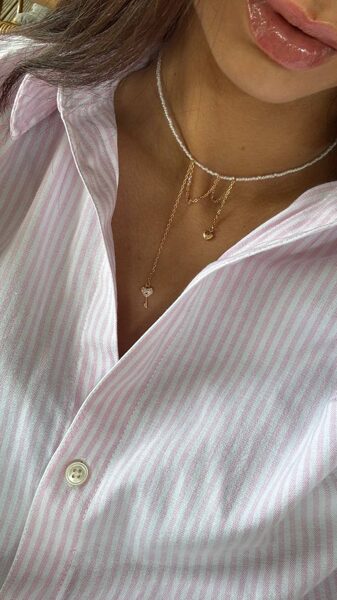 [CHOKER-30] White Pearl with Key & small Heart